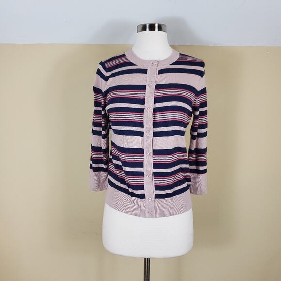 Halogen Striped Fitted Crew Neck Cardigan Size MP - Picture 1 of 9